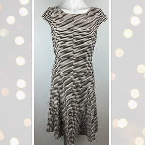 Ann Klein Black and Cream Textured Striped Midi Dress Size 10